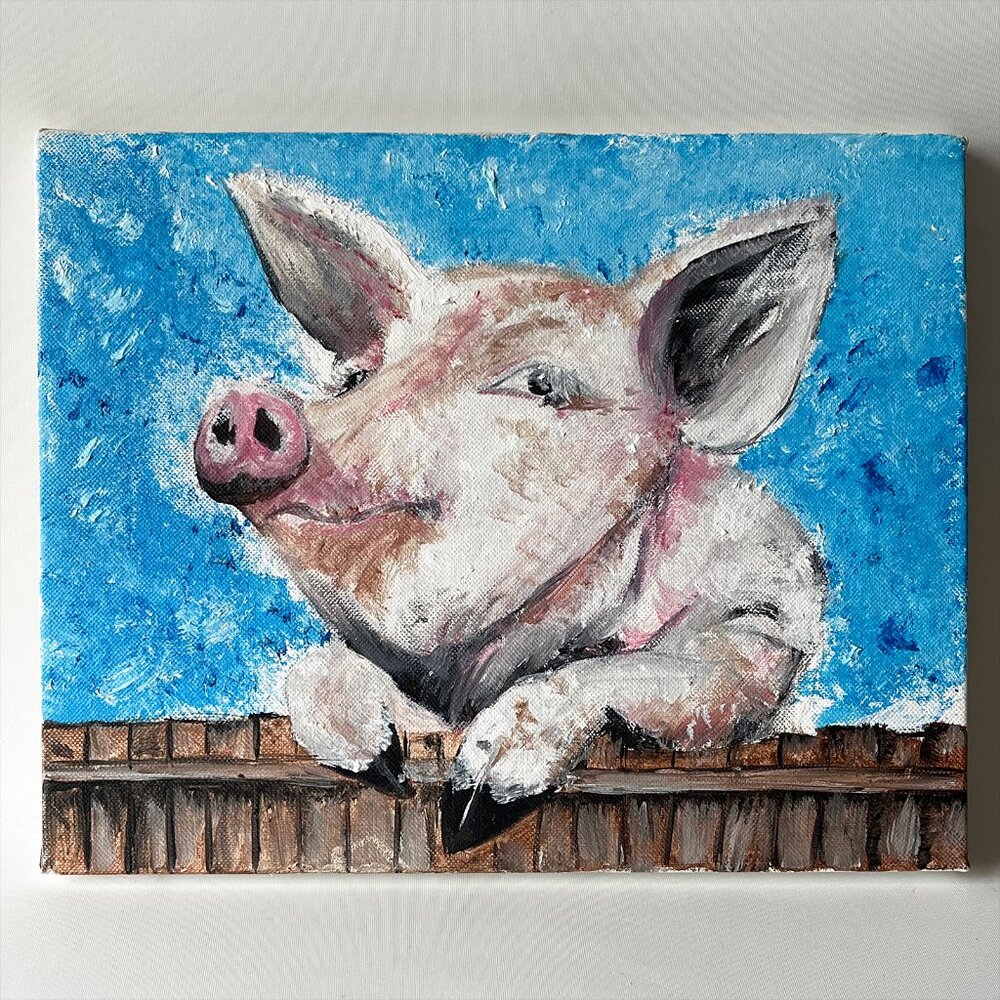 Original Pig Oil/Acrylic Painting on Canvas Whimsical Folk Art 14"x11"